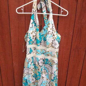 Dorby Women's Size 14 Blue Tan Floral Halter Dress. J13